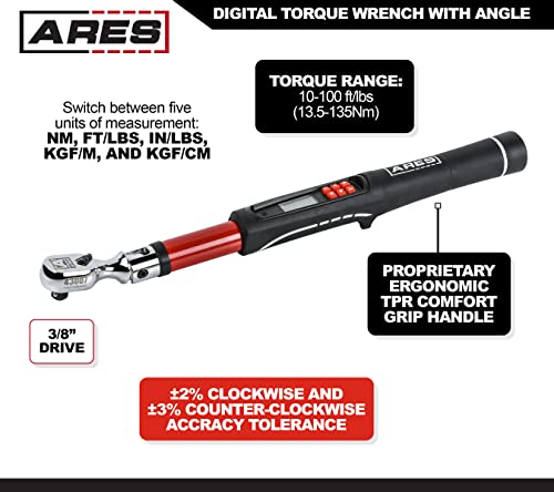 Image of ARES 43007-3 /8-Inch Drive Flex Head Electronic Digital Torque and Torque Angle Wrench - 10-100 ft /lbs (13.5-135Nm) - Reversible Sealed Head - Multi-Alert Prevents Over-Torquing