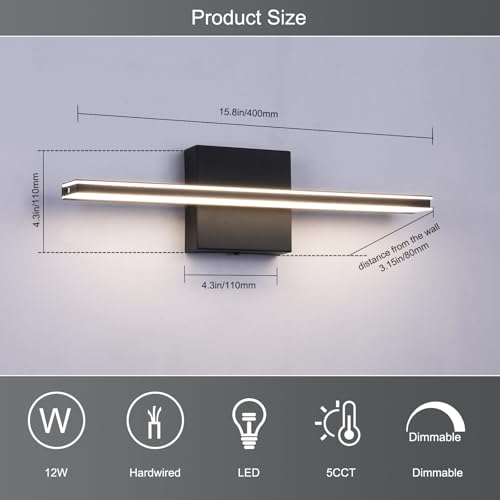 Image of LED Modern Bathroom Vanity Light Dimmable 5CCT Wall Light Fixture Over Mirror, Black Bar Vanity Light for Bathroom Mirror Restroom(15.7 inch, 12W)