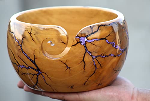 Image of Lichtenberg Figure Yarn Bowl - Handmade Wooden Yarn Bowl for Knitting Yarn Ball Holder - Yarn Bowls with Holes Crochet Bowl Holder - Yarn Storage Bowl 7 inch x 4 inch inches (Sky-Blue-A)