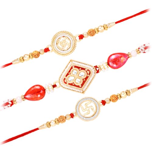 Image of Peora Rakhshabandhan Thread Rakhi for Brother Bhaiya | Crystals & Kundan Studded | Combo, Set of 3 | Rakhi Hamper with Roli Chawal & Greeting Card