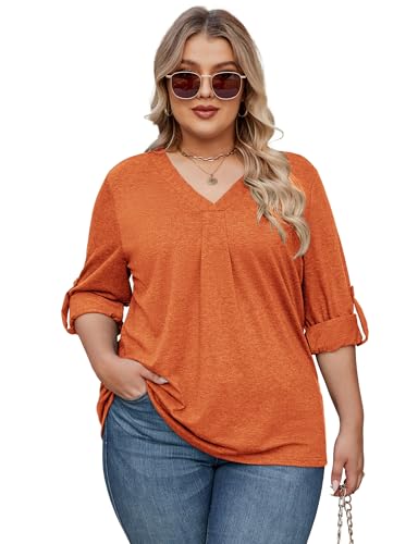 Kancystore Plus Size Tops for Women 3/4 Length Sleeve Shirts V Neck Tunic Blouses Spring Summer 20252