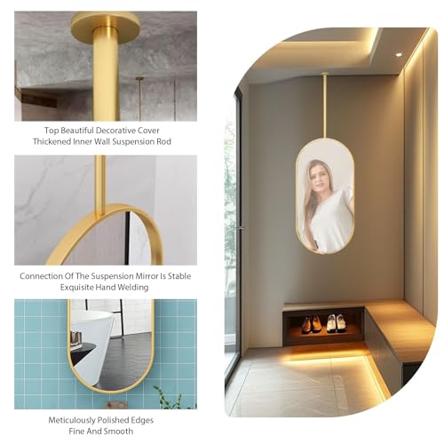 Suspended Ceiling Mirrors For Bathroom Ceiling Mounted Hanging Rod Mirror Clear And Practical Decorative Wall Mirror Metal Frame Vanity Makeup Mirror Easy To Install For Living Room Entrance Hall(Gold