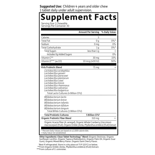 Image of Garden of Life Dr. Formulated Probiotics Organic Kids+ - Digestive Health Support with Prebiotic Fiber & Vitamins C & D - Supports Immune Function - Berry Cherry, 30 Yummy Chewables