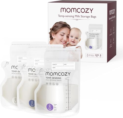 Momcozy Easy Pour Muttermilchbeutel mit Temperatur-Farbwechselanzeige Ausgießer Milchbeutel für Muttermilch 250 ml breast milk storage bags selbststehend auslaufsicher BPA-frei - 120 Stück