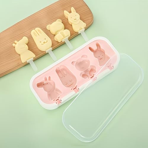 Image of 4 Cartoon Shape Cavity Non-Stick Silicone Ice Cream Mould with Lid & 6 Plastic Sticks Reusable Ice Lolly, Frozen Candy, Kulfi Molds, BPA-Free Stackable DIY Icecream Popsicle Maker (Multicolor)