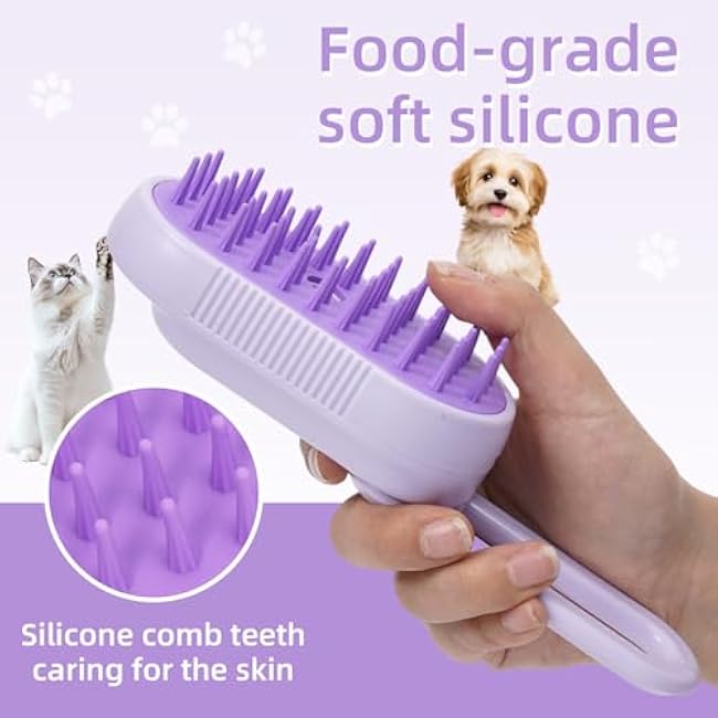 4-in-1 Rechargeable Anti-Dandruff Pet Steam Brush ¡ª brush for sheddingCats & Dogs,pet hair removal tool. Integrating functions of massage,clean, hair grooming and anti-static (purple)-PVSABSRv