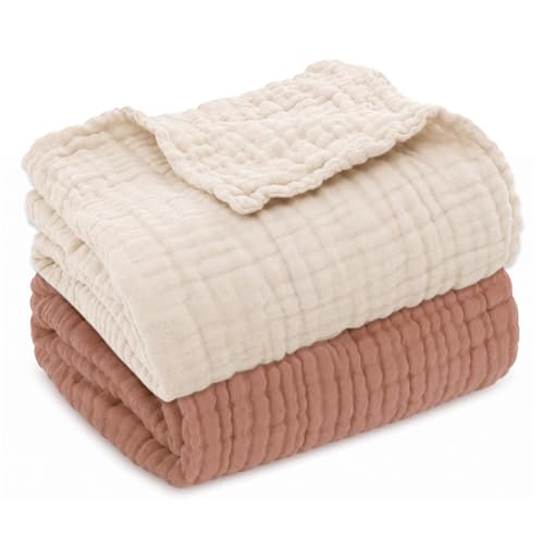 Image of Aablexema Muslin Baby Blanket Set of 2, Beige & Coffee | 6-Layer, 43 x 43 Inches, Newborn Toddler, Bath Towel Swaddle Wrap, For Boys Girls
