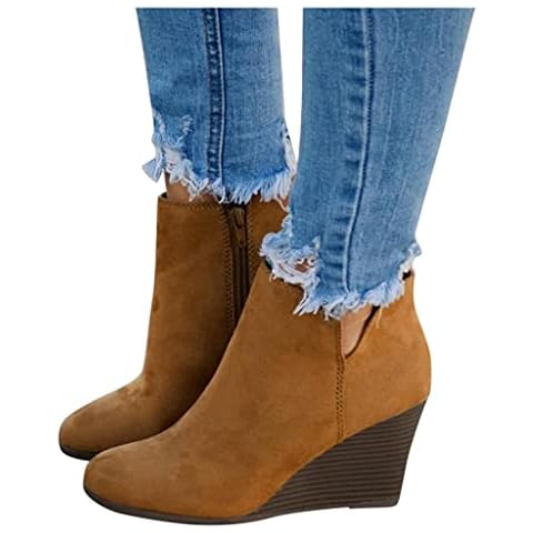 AODONG Ankle Booties for Women Low Heel,Womens Wedge Ankle Boots V Cut Chunky Heels Tassels Side Zipper Booties Brown Cover