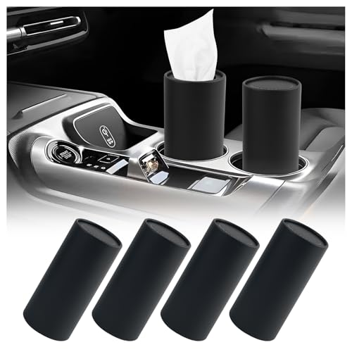 4PCS Car Tissue Holder,Pull Out Minimalist Car Tissues Cylinder with 30-Count Facial Tissue Per Box,Portable Cup Holder Tissues for Cars as Cars Trash Can/Coin Holders (Black)