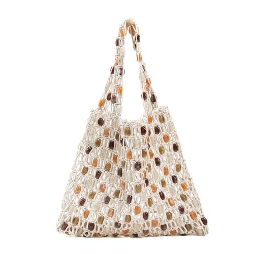 Boho Crochet Shoulder Bag for Women, Colorful Beaded Beach Tote Handbag Lightweight Summer Knit Hobo Purse &Travel Organizer