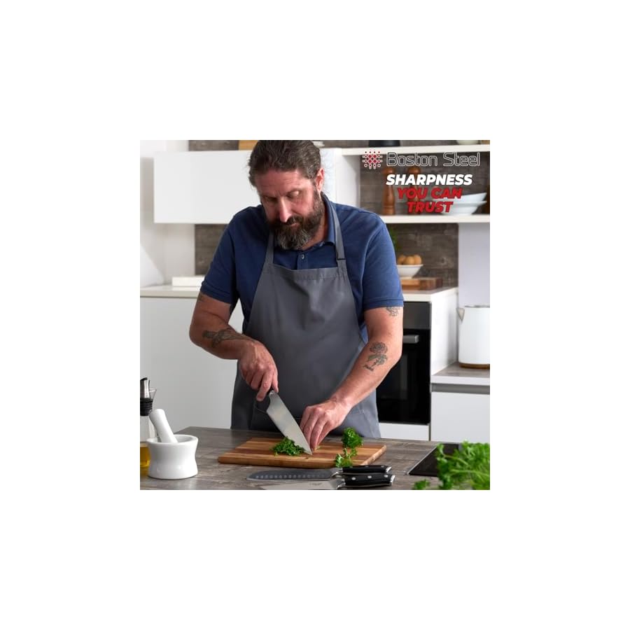 Boston Steel Chef Knife 8 Inch 5CrMoV Carbon Stainless Steel Sharp Full Tang Kitchen Knife with ABS Ergonomic Handle Design, Gifts for Men and Women, Kitchen Knives in Premium Gift Box
