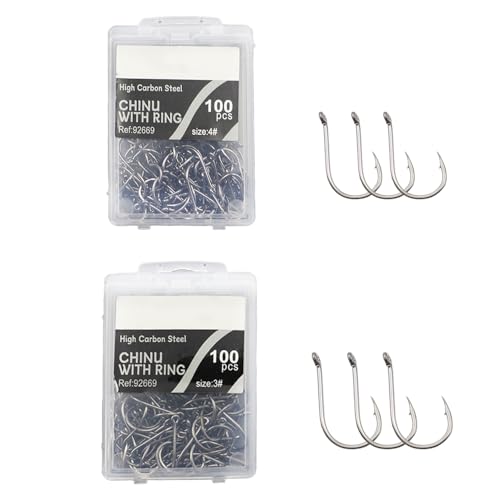 FONGKNOX 200 Pcs Chinu Fishing Hook set of #4 & #3 100pcs per Size Eyed Fishing Hook High Carton Steel Durable Sharpness Barbed 5H Hardness Strengthed Bend Freshwater Saltwater Sea Fishing Trackle