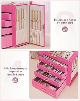 Homde Synthetic Leather Huge Jewelry Box Mirrored Watch Organizer Necklace Ring Earring Storage Lockable Gift Case (Pink + Gold)