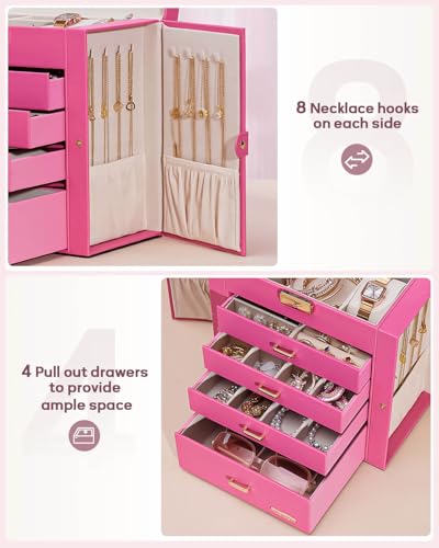 Homde Synthetic Leather Huge Jewelry Box Mirrored Watch Organizer Necklace Ring Earring Storage Lockable Gift Case (Pink + Gold)