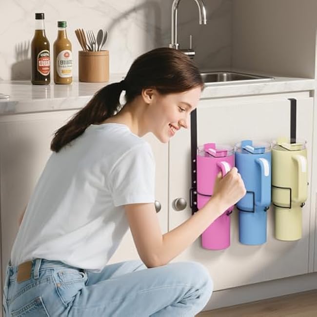 Over The Door Tumbler Organizer Compatible with Stanley 30oz 40oz, Vertical Hanging Snap-On Water Bottle Storage, Drill-Free Space-Saving Cup Holder for Kitchen, Cabinet, Door - Gift Ready (Black)