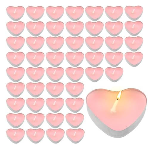 QOTSTEOS Tea Lights Candles 50pcs Heart Shaped Small Unscented Tea-Lights Candles Party Favors Tea Lights-Candles Romantic Love-Candles for Weddings Celebrations(Pink)