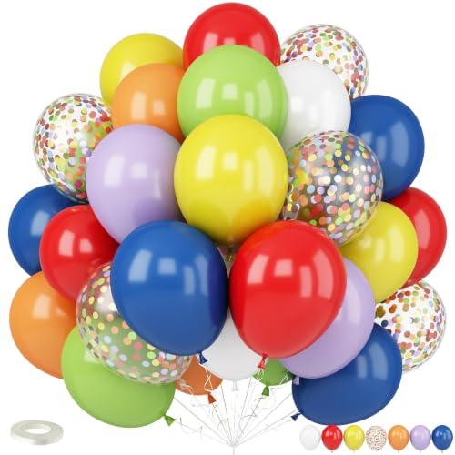 Image of Red Blue Yellow Green Balloons, Carnival Circus Balloon 12 Inch Red Blue Green Yellow Party Balloon with Colorful Confetti Balloons for Kids Birthday Carnival Theme Back to School Party Decorations