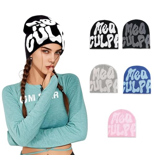 YSNeoBrim Y2K Beanies for Women Man MEA Culpa Beanie Unique Pattern Design Y2K Knitted Hat Suitable for All Seasons Wearing (US Alpha One Size Black White)