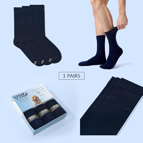 VRD Bamboo Mens Dress Socks for Men, 3-Pack, Blue Navy Crew Length Mid-Calf Socks, Mens Shoe Size 8-132