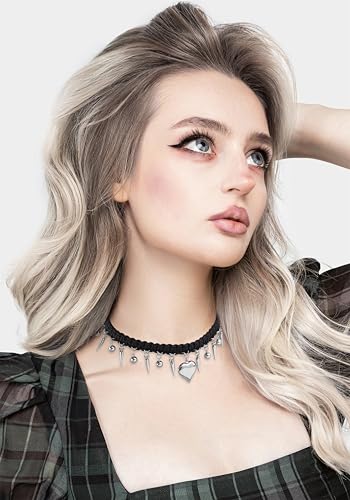 CLASSYZINT Heart Choker Black Goth Choker Necklace Gothic Punk Chunky Necklace with Silver Spike Beads and Heart Pendant Rock Statement Jewelry4