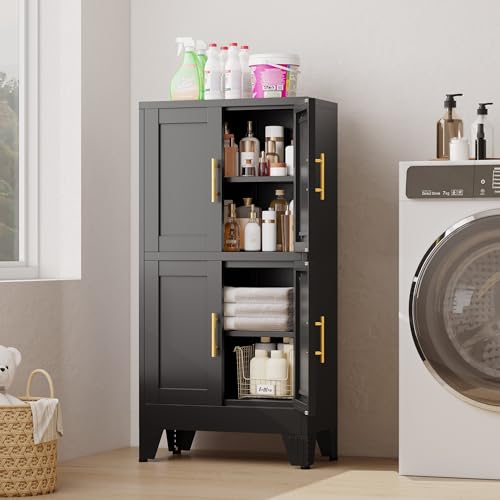 Image of 47 inch Black Metal Bathroom Storage Cabinet, Kitchen Pantry Cabinet | Steel Storage Cabinet with Doors and 3 Adjustable Shelves, Bathroom cabinets Organizer, for Home Office, Bedroom