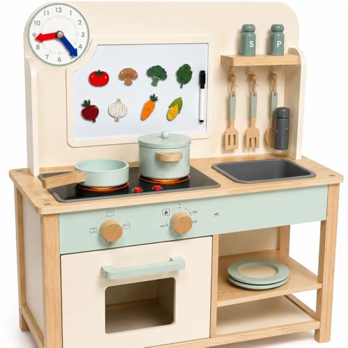 Jumini Wooden Play Kitchen for Kids Ages 3-6 - FSC Certified Toy Kitchen with Lights Cooking Sounds Pots Pans Utensils & Magnetic Veggies - Pretend Play Cooking Set for Toddlers & Preschoolers