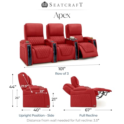 Image of Seatcraft Apex Red Italian Leather Home Theater Seating, Zero Gravity Power Recliner, Powered Headrest and Lumbar Gaming and Home Office Chair, Lounge Sofa Furniture for Cinema Room, Row of 3