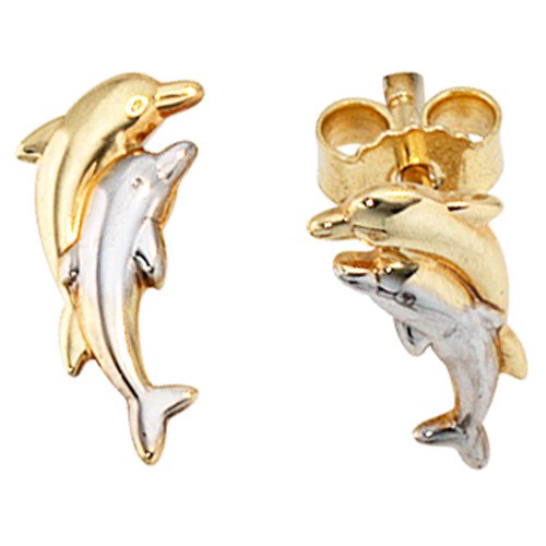 Bijoux paire de boucles d'oreilless des bouchons d'oreille dauphins de 333 jaune H de rhodié partie d'or 11,3mm, L 5,6mm