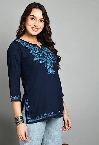 Image of QAZMI Aari Embroidered Rayon Cotton Short Kurti