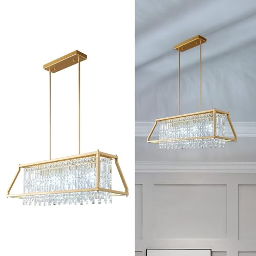 Image of LMQNINE Chandeliers for Dining Room, 4-Light Trapezoidal Industrial Dining Room Light Fixture Farmhouse Chandelier Crystal Pendant Lights Kitchen Island Living Room (Gold 35.43 inch)