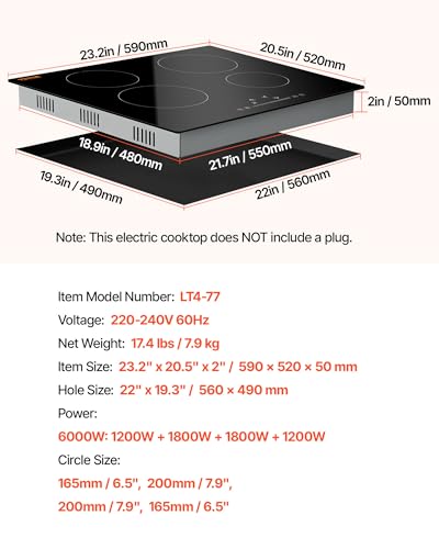 Image of VEVOR Built in Electric Stove Top, 24inch 4 Burners, 240V Glass Radiant Cooktop with Sensor Touch Control, Timer & Child Lock Included, 9 Power Levels for Simmer Steam Slow Cook Fry