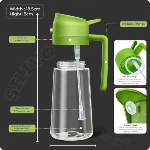 Image of CAKETIME 2 in 1 Glass Oil Sprayer & Dispenser Bottle 500ml for Kitchen - Olive Oil Spray Bottle with Fine Mist Sprayer & Pour Spout - Mister for Air Fryer, Salad, BBQ, Cooking & Baking
