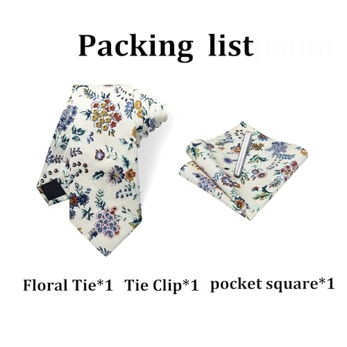 Image of YourTies Cotton Floral Tie for Men 2.5 inch Printed Skinny Necktie Pocket Square Tie Clip Set Flower Wedding Party Groom