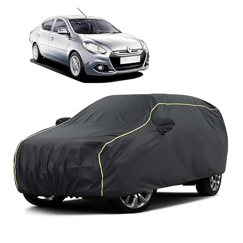 Image of Sulfar 100% Water Resistant Car Body Cover Compatible with Mirror for Renault Scala (Triple Stitched, Full Bottom Elastic, Dark Grey Taffeta with Yellow Piping)