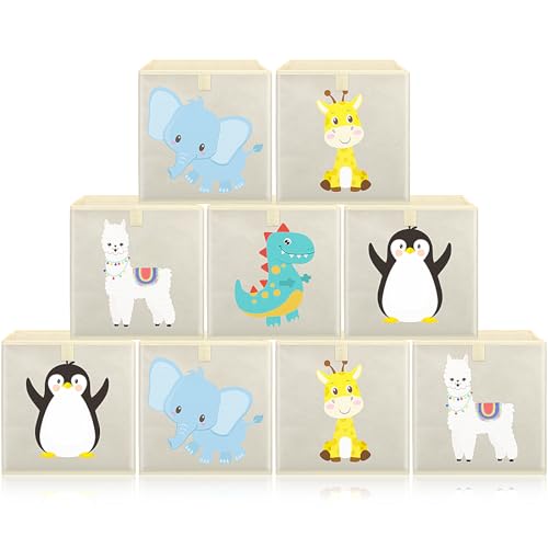 Image of Aliceset 9 Pcs Foldable Animal Cube Storage Bins 11 x 11 Inches Fabric Toy Box Collapsible Storage Organizer Chest Basket Container for Home Kids Room Closet Nursery Room Bedroom(Stylish Animals)