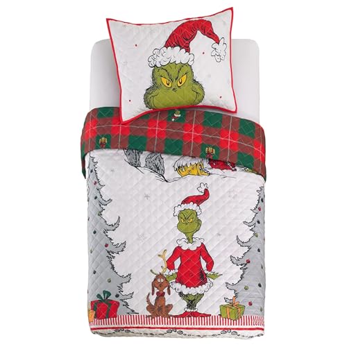 Grinch By Dr. Seuss Holiday & Christmas Quilt Bedding Super Soft 2 Piece Pillow Sham and Quilt Set Twin Size 68 x 86 (100% Officially Licensed Product) By Franco