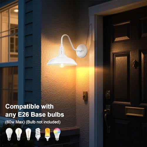 Image of Outdoor Gooseneck Barn Light Fixture with Wall Mount, 10'' Diameter White Exterior Waterproof Wall Lantern for Porch, Farmhouse Wall Sconce, 2 Pack, LM2201-WH-2P