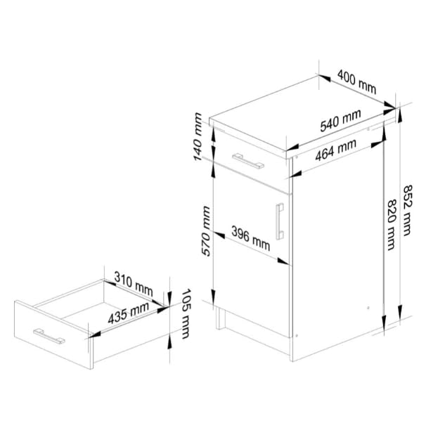 BDW - Küchenschrank Weiß/Beton - Schrank Küche - mit Arbeitsplatte, Tür, Schublade - Schrank 40 cm breit, 85 cm hoch - Küchenschränke Einzeln, Küchenmöbel Einzelteile