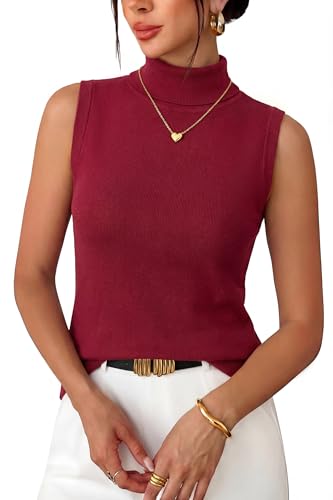 Arach&Cloz Womens Cashmere Mock Neck Tank Tops Sleeveless Vest Short Sleeve High Turtleneck Fall Spring Lightweight Trendy Summer Sweater Soft Slim Fit Work Business Casual Outfits 2026 Burgundy Red M