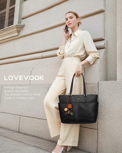 Image of LOVEVOOK Work Tote Bag for Women with Floral Charm, Vintage Leather 15.6 Inch Laptop Bag with Large Cup Holder, Teacher Nurse Medical Professional Computer Bag, Office Briefcase Handbag Gift