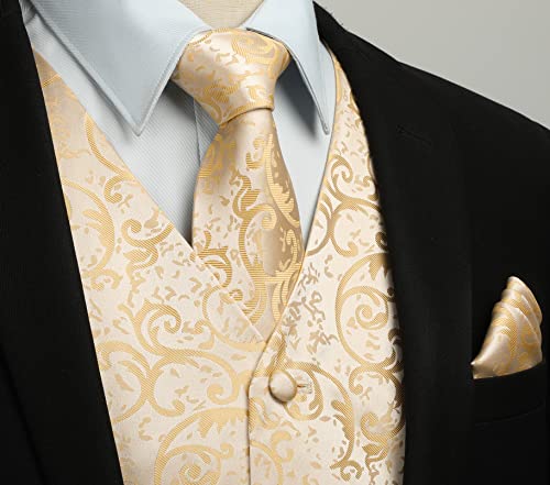 Image of HISDERN Vest and Tie Sets for Men Vests Paisley Floral Jacquard Necktie Pocket Square 3PCS Waistcoat for Suit or Tuxedo