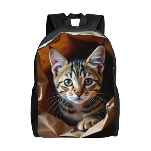 Comfort Fit Unisex Tabby Cat in Brown Paper Bag Backpack Durable for Daily Commute & Travel Adventures 16 Inch