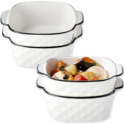 Exquilnova 13.5OZ Ceramic Oven Dishes set of 4 5.7 Inches Rectanglar Lasagne Dish Small Baking Dish with Handles Pie Dishes for Air Fryer Oven Microwave Refrigerator(Diamond Block)