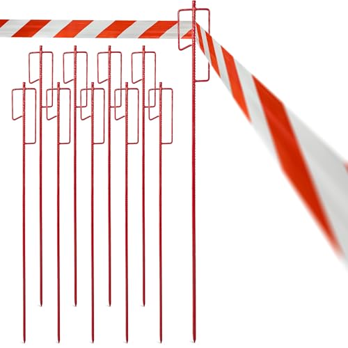 Novatool 10er-Set Absperrbandhalter Ø12 x 1100mm Rot Metall Absperrband Absperrstangen Laternenstange Absperrleinenhalter Absperrhalter Schnureisen Schnurnagel für Baustelle & Garten