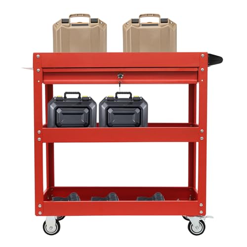 HINOPY Carro de herramientas con 3 compartimentos, banco de trabajo y cajones, armario móvil de metal con cerradura para talleres, garajes, almacenes, obras (rojo)