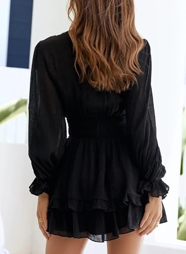 Image of Dokotoo Womens Casual Spring Fall 2025 Deep V Neck Knotted Tiered Chiffon Elegant Mini Short Swing Skater Dresses
