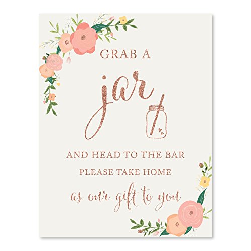 Andaz Press Wedding Party Signs, Faux Rose Gold Glitter with Florals, 8.5x11-inch, Grab Your Jar and Head to The Bar, Mason Jar Graphic, 1-Pack, Colored Decorations