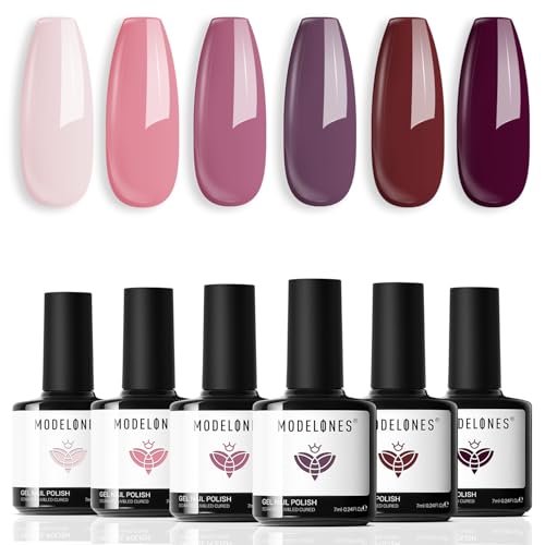 Image of modelones Gel Nail Polish Set Pastel 6Colors Burgundy Red Pink