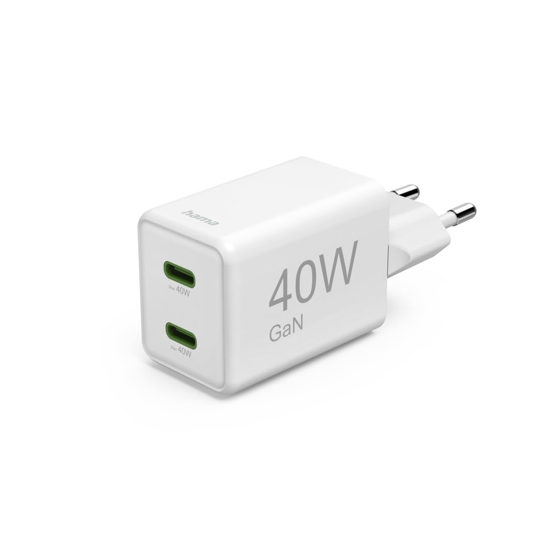 Hama Schnellladegerät, 40W (Ladegerät mit 2X USB C, unterstützt Power Delivery und Qualcomm Quick Charge, Zwei Geräte gleichzeitig Laden, superklein und kompakt, GaN Charger, akkuschonend) weiß