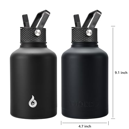 Image of BJPKPK Insulated Water Bottles with Straw Lid, 50oz Large Water Jug, Stainless Steel Vacuum Bottles, Hot & Cold Thermo with 3 Lids and Paracord Handle, Black